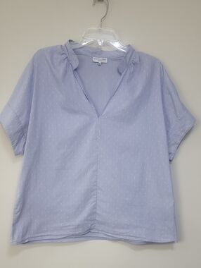WAVERLY GREY Blue White V-Neck Short Sleeve Lightweight Blouse